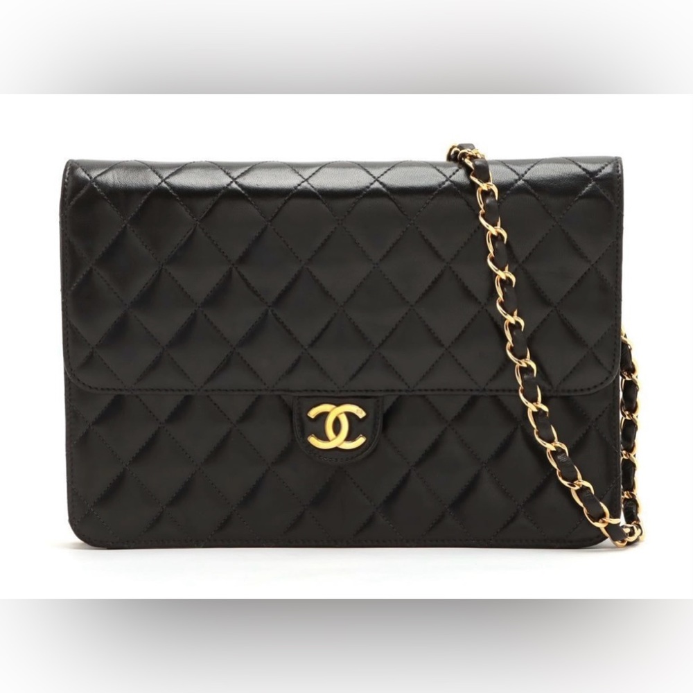 Vintage Chanel Matelasse Lambskin Single Flap Chain Shoulder Bag Black